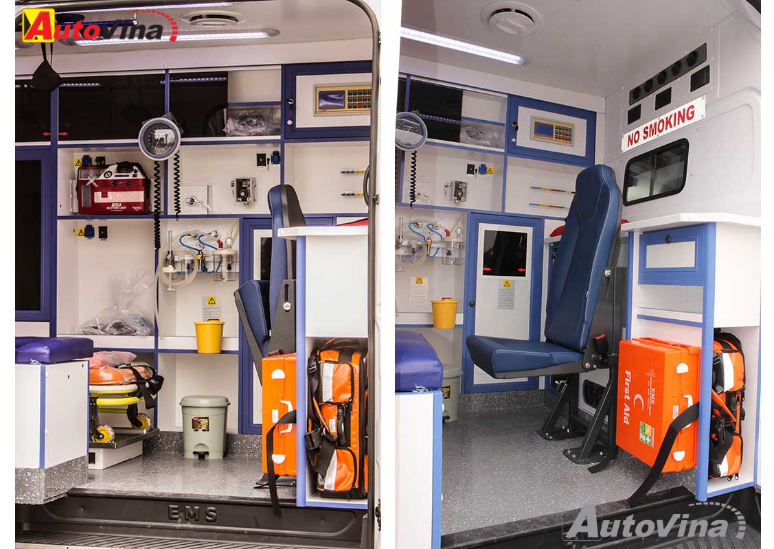 Khoang cứu thương của Sprinter Ambulance được trang bị tiện nghi và hiện đại theo tiêu chuẩn  cứu thương khẩn cấp của Châu Âu 